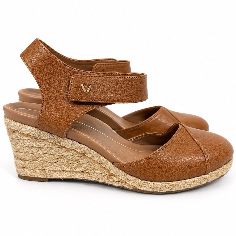 Vionic Womens 9 Wide Brown Espadrille Wedge Sandals Leather Ankle Strap Comfort